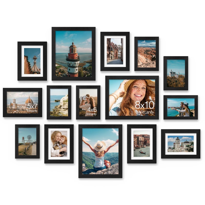 Vittanly 15 Pack Picture Frames Collage Wall Decor for Mounting or Tabletop Display, Gallery Frame Set for Family, Multi Sizes Including 3pcs 8x10, 6pcs 5x7, 6pcs 4x6, Black, Brown and Grey - Image 1